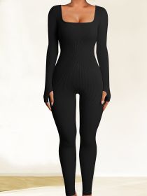 2024 New European and American seamless yoga jumpsuit dance fitness sports jumpsuit tight long-sleeved yoga suit wom (Color: BLACK, size: S)